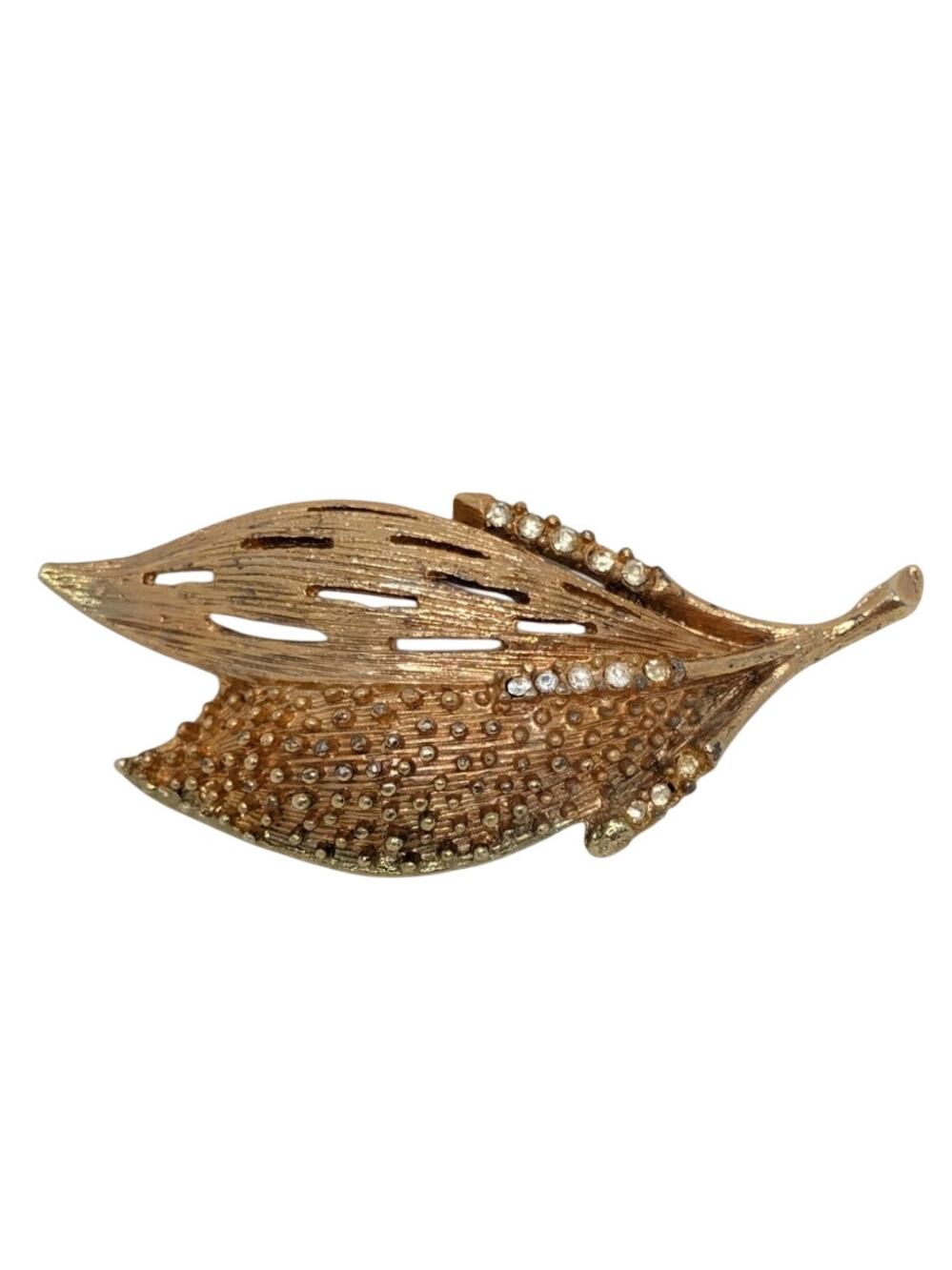 Vintage Gold Tone Leaf Brooch Rhinestone Mid Century Textured Leaf Pin